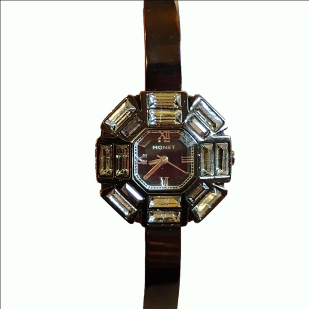 Rare Vintage Monet Crystal Black Metal‎ Women's Watch